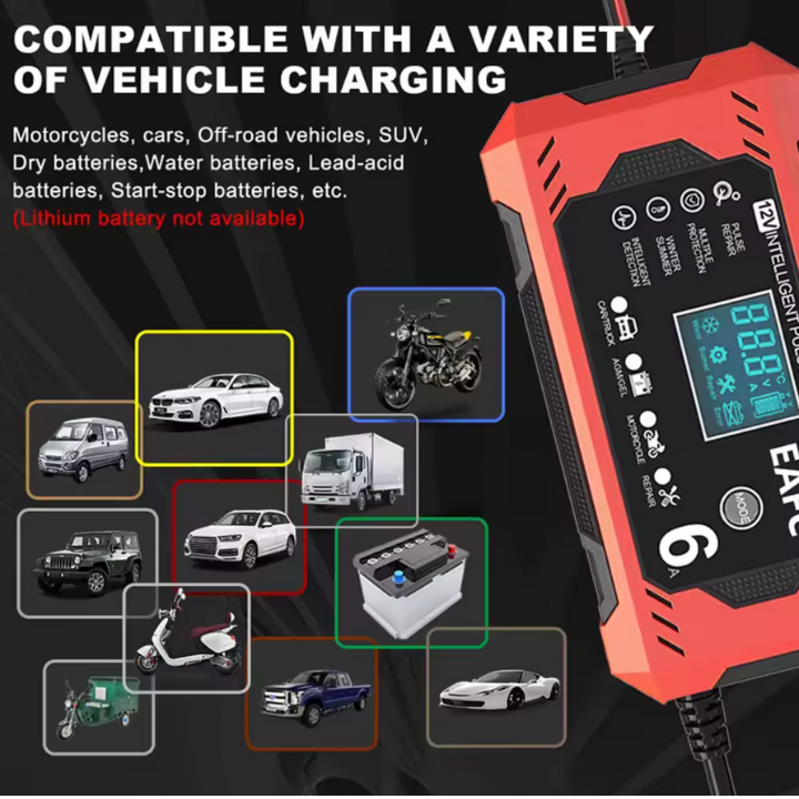 Intelligent Bilbatterilader 12V/24V - LCD-skjerm & Automatisk beskyttelse