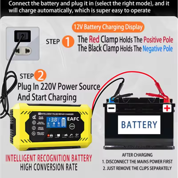 Intelligent Bilbatterilader 12V/24V - LCD-skjerm & Automatisk beskyttelse
