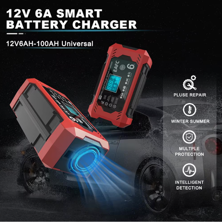 Intelligent Bilbatterilader 12V/24V - LCD-skjerm & Automatisk beskyttelse