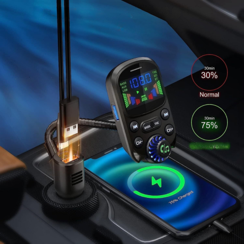 Emisor FM Multifuncional Para Coche — Música & Asistente Vocal